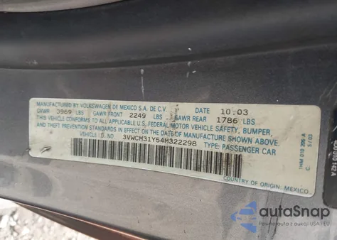 2004 Volkswagen New Beetle Gls из США, поврежденный, VIN 3VWCM31Y54M322298